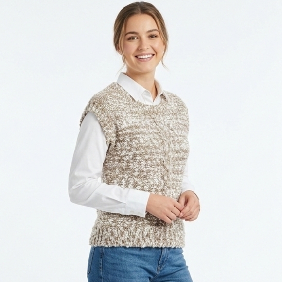 Bramble Lane Sweaters - Vintage Braxton Brand Chunky Knit Sweater Vest Medium Cream Brown Marled Cable